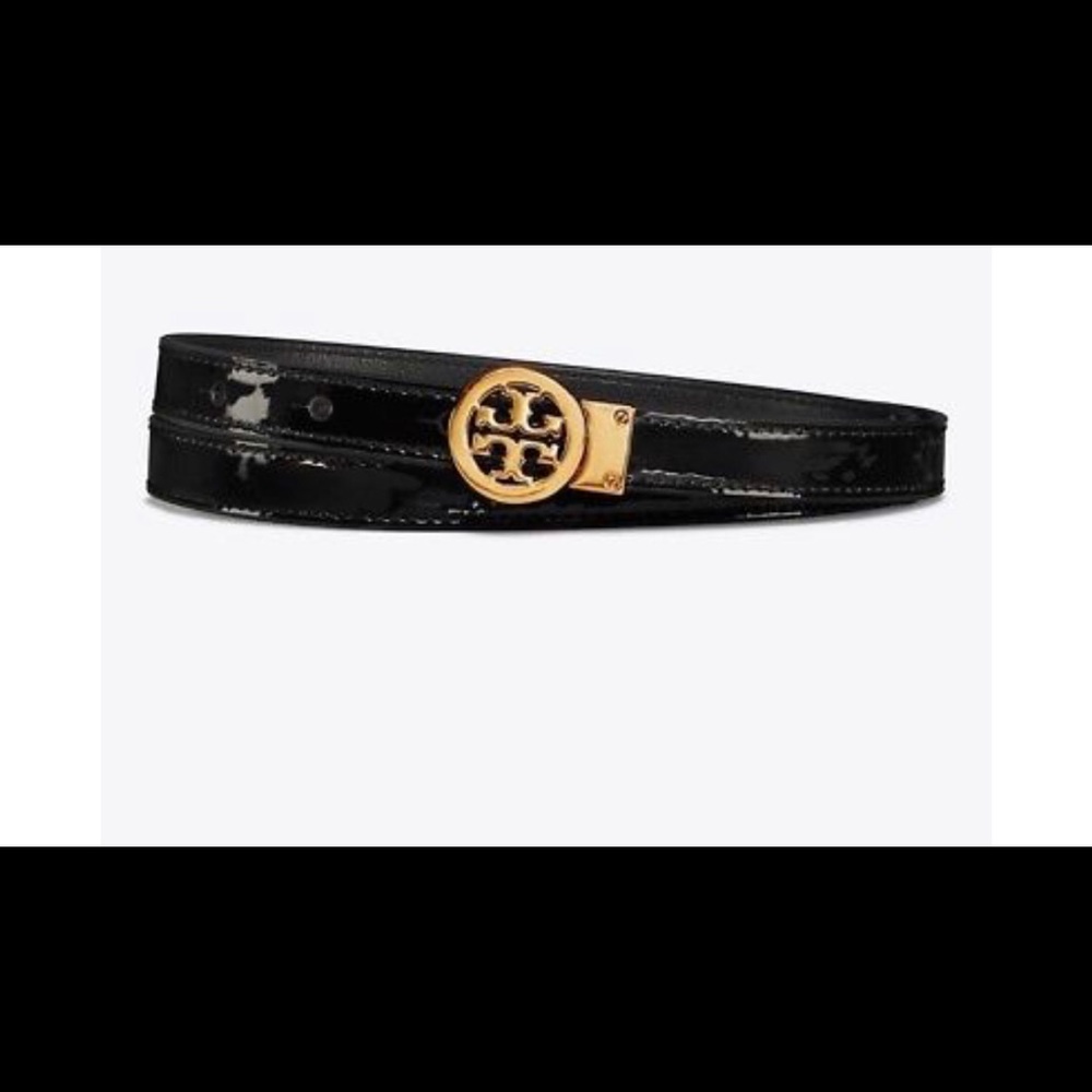 Tory Burch NEW Black Patent Skinny Belt Logo